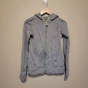 Kuhl Hoodie Womens XS Green Gray Full Zip Thumb Holes‎ Hike Outdoors Stretch